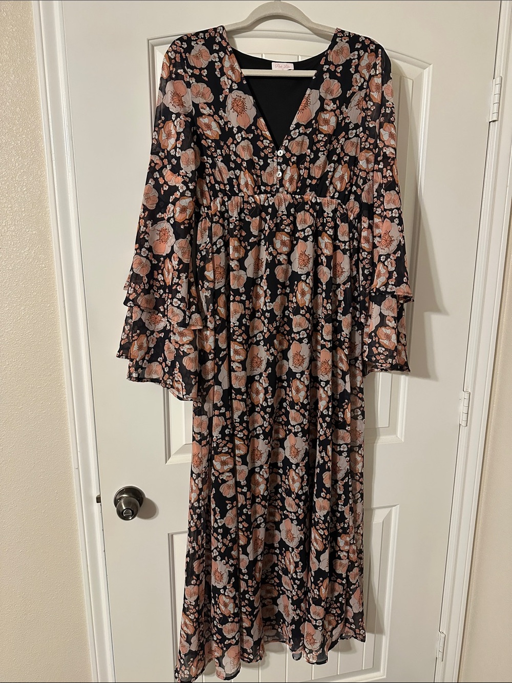 Pink Lily Black Maxi Dress with Blush Floral Print